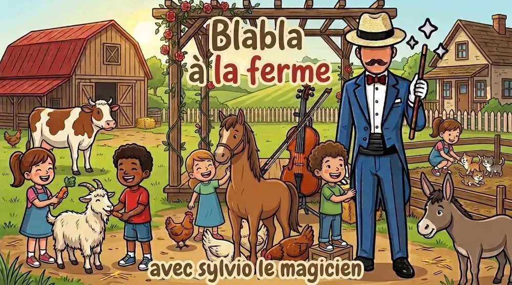 Illustration du spectacle Blabla à la ferme : Sylvio, des enfants dessinés et des animaux de la ferme devant une grange