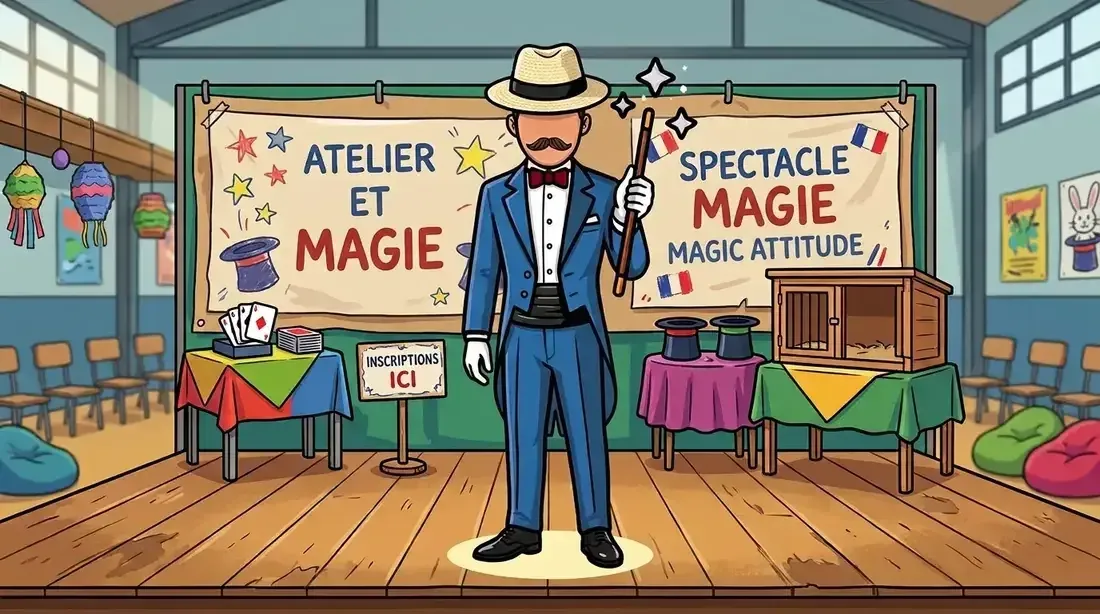Illustration de Sylvio sur une petite scène, devant des bannières « Atelier et magie » et « Spectacle magie Magic Attitude »